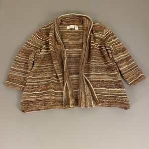 Alfred Dunner Knit Cardigan Sweater Plus‎ 2X Brown Beige Metallic Open Striped